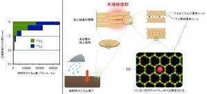 図2：セシウムの土壌中の分布。セシウムは粘土鉱物の層状の結晶構造にはまり込む性質が指摘されていた。ほとんどが土壌表面から5cm以内にとどまっていることも明らかになった。(c) 東京大学