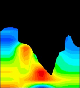 浅間山の透視像。 図内の色彩はミュオンの平均密度を示している。赤い場所ほどミュオンの平均密度が高く、赤い箇所は噴出して固まったマグマ。 (c) 2014 田中宏幸