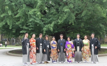Dressed in the Japanese traditional montsuki-hakama (men) and furisode (women)