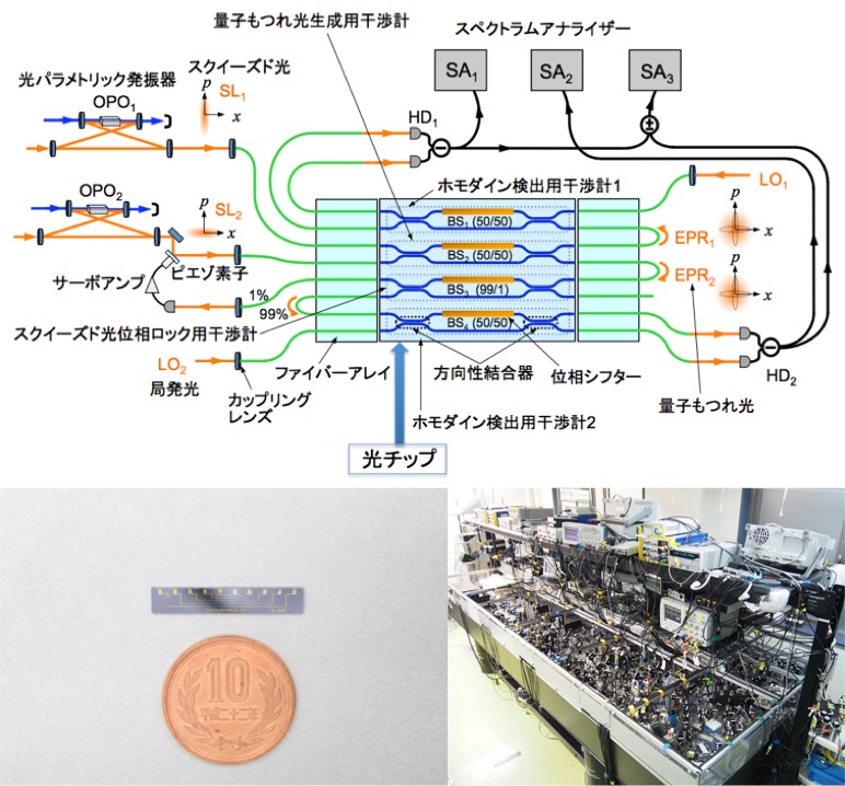 © 2015 Furusawa Laboratory.光チップ(左下)には量子テレポーテーション装置の心臓部にあたる回路(上)が集積されている。従来、この回路は大きな光学定盤の上に数百個の素子を並べて作られていた(右下)。