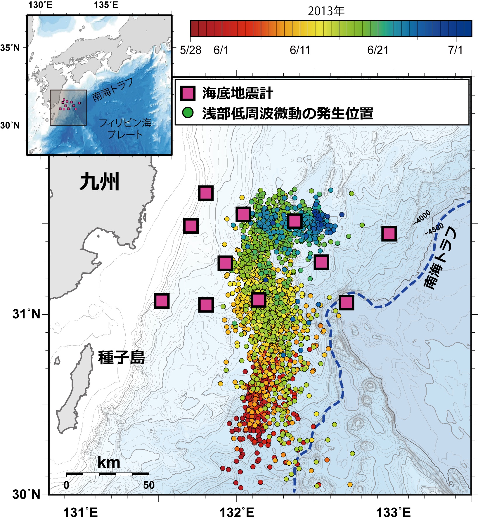 海底地震観測網によって捉えられた浅部低周波微動の分布 © 2015 Yusuke Yamashita.黄色の四角は、海底地震計を設置した場所を示している。丸印は、浅部低周波微動の発生場所を示し、各丸印の色は発生日時を示している。