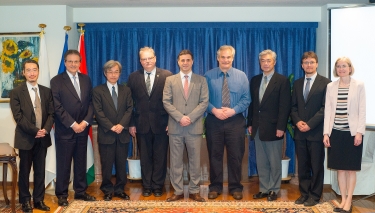 Speakers of MUOGRAPHERS 16: IM<sup>2</sup>N symposium. Ambassador of Hungary to Japan, representatives of UTokyo, Wigner Research Centre for Physics, Embassy of Hungary in Japan and Delegation of the European Union to Japan