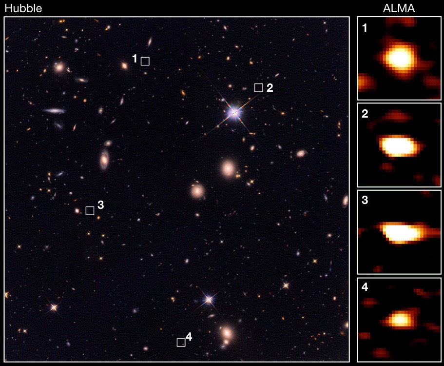 A rich star field on a black background (left) and four pull out images of bright orange orbs (right)