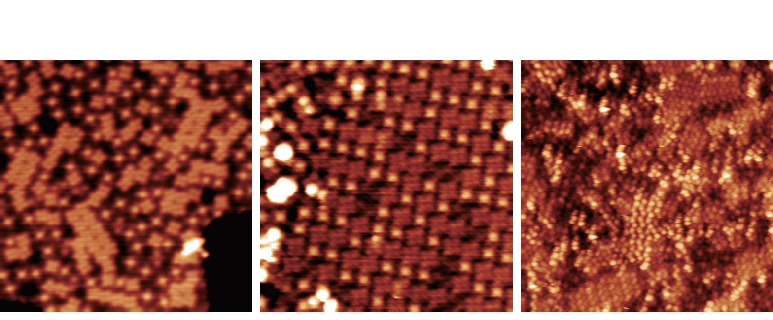 Three abstract microscopy images in an orange cast. Each shows an array of dots and squares.