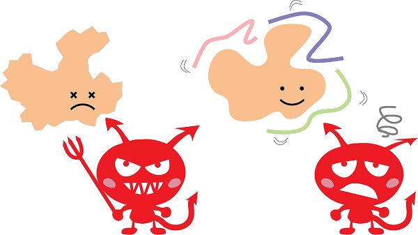A rough-edged orange blob being attacked by a red devil and a smooth-edged orange blob protected by different colored strings and the red devil looking flummoxed.