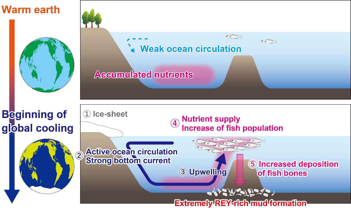 Two diagrams of the Earth (left), two diagrams of the ocean floor (right)