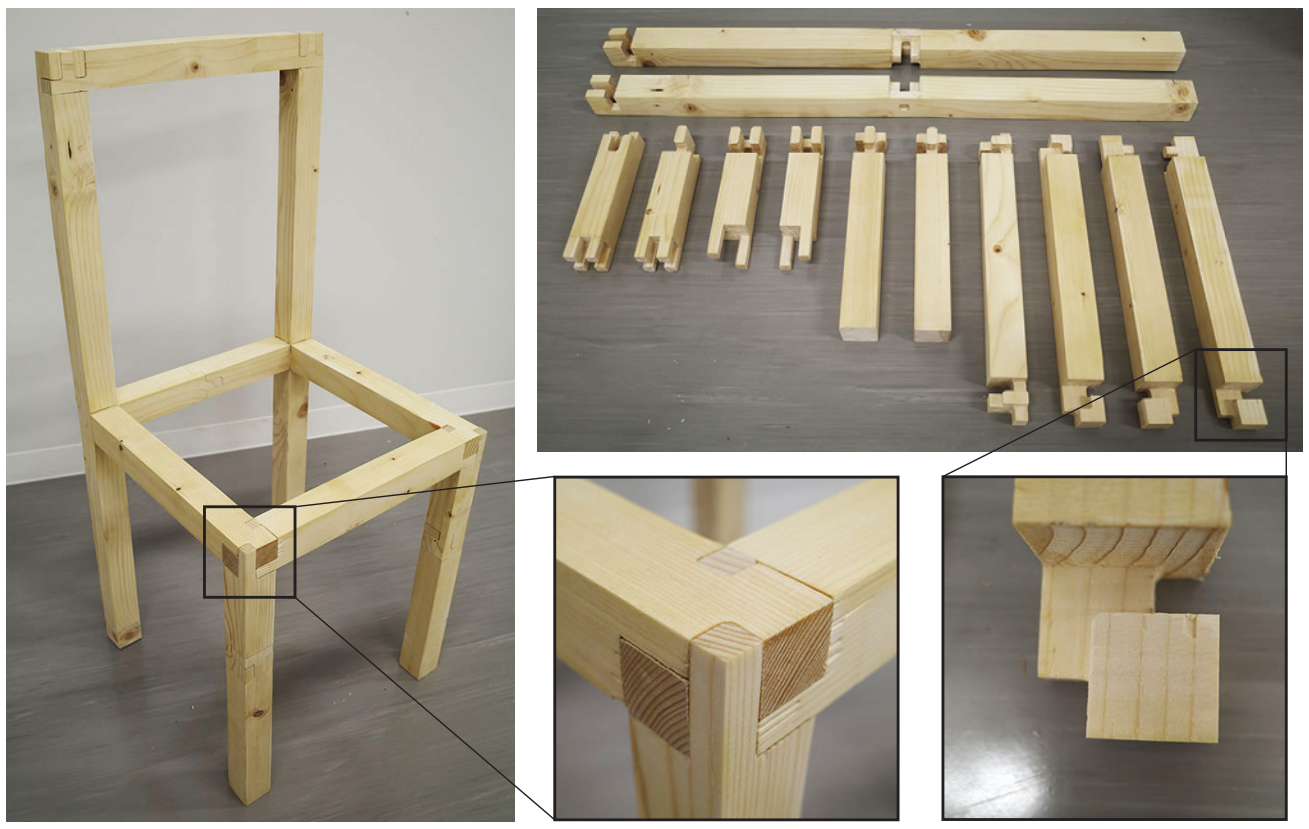 A wooden chair with sections enlarged