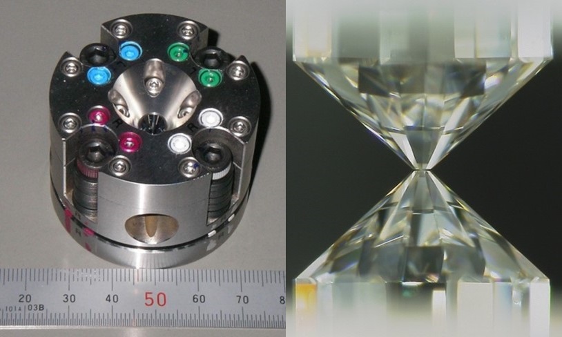 Left. A metal cylinder with colored dots on its top. Right. Two jewels meeting at a point.