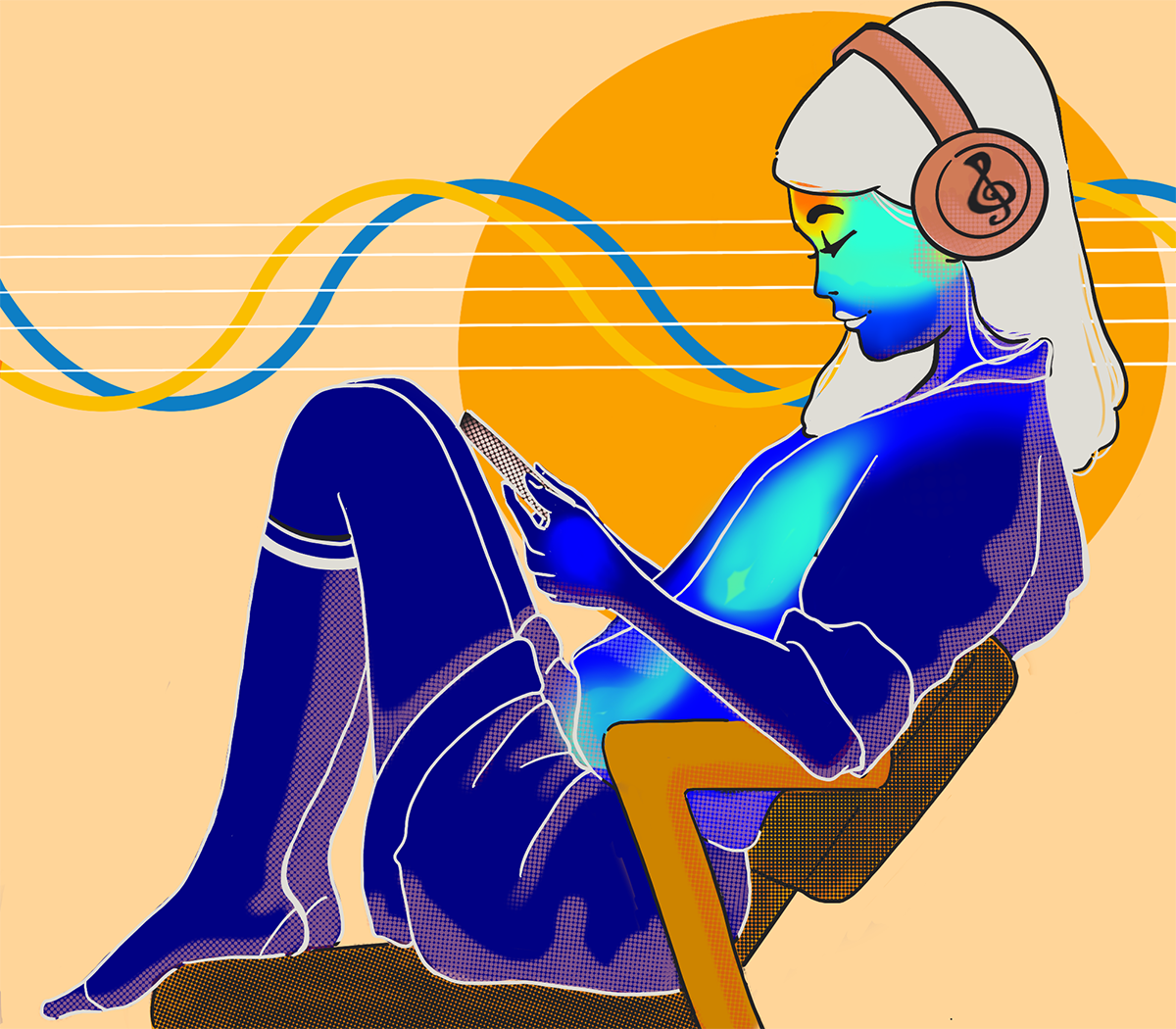 Illustration of a girl with bodymap colours, sitting in a chair feeling the music.