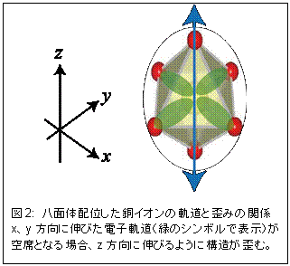 テキスト ボックス:      図2: 八面体配位した銅イオンの軌道と歪みの関係  x、y方向に伸びた電子軌道（緑のシンボルで表示）が空席となる場合、z方向に伸びるように構造が歪む。  