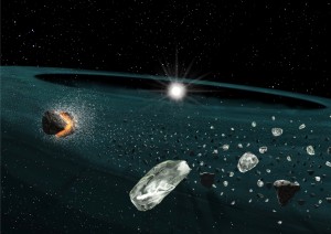 HD 15407A を取り巻く塵の想像図。石英質を豊富に含む塵が、中心の恒星から1天文単位程度離れた場所に存在していると考えられます。© University of Tokyo/National Astronomical Observatory of Japan