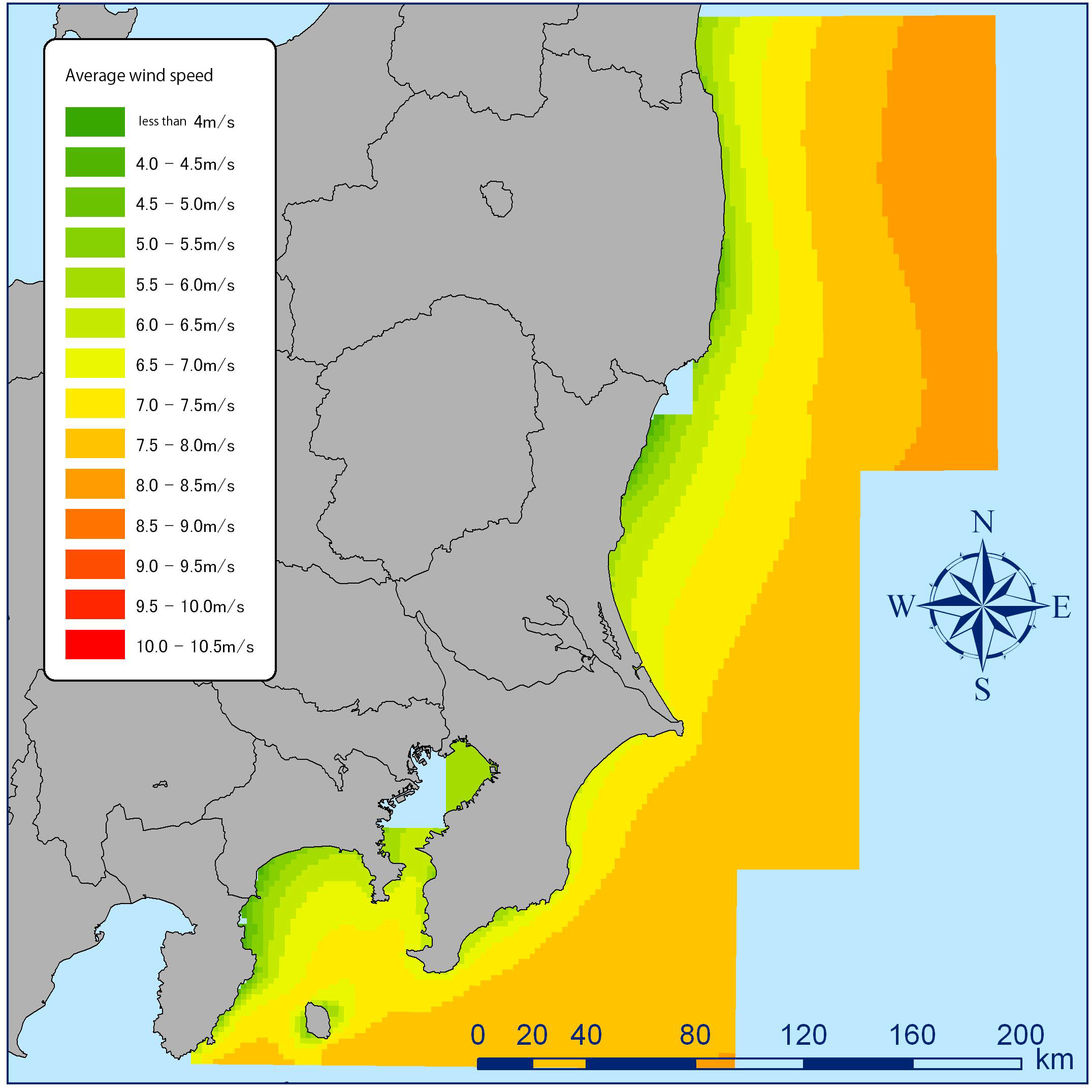 A map of annual mean wind speed along the coast of Fukushima, Ibaragi and Chiba © Takeshi Ishihara