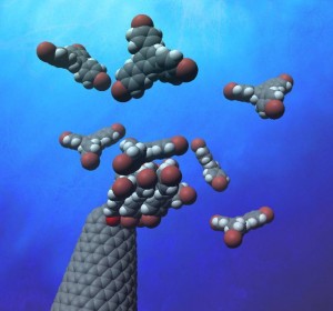 A huge number of nanosized clusters form on single-molecule templates bonded to nanocarbon surface, and a very small portion of the clusters grow into large crystals. © Eiichi Nakamura