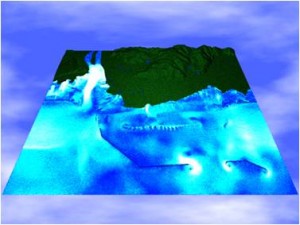 Three-dimensional simulation result of tsunami run-up to Ishinomaki City using a particle method © Kohei Murotani and Seiichi Koshizuka