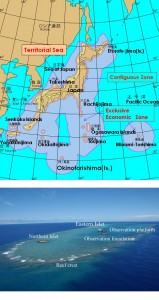 Top: Location of Okinotorishima in relation to Japan and the Japanese Exclusive Economic Zone © Hajime Kayanne. bottom: Okinotorishima © MLIT Keihin River Office