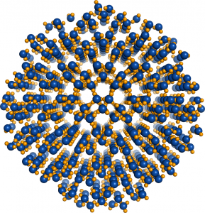 Nucleus of Ice 0. Oxygen atoms are colored in blue, hydrogen atoms in yellow.