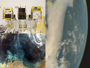 © 2014 The University of Tokyo / HODOYOSHI-3&4 Project. (1) Hodoyoshi-3 (left) and Hodoyoshi-4 (right), (2) First wide-angle camera image taken by Hodoyoshi-4, (3) 200m resolution images taken by Hodoyoshi-3 (Northernmost part of Australia).