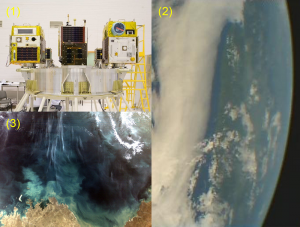 (1) Hodoyoshi-3 (left) and Hodoyoshi-4 (right), (2) First wide-angle camera image taken by Hodoyoshi-4, (3) 200m resolution images taken by Hodoyoshi-3 (Northernmost part of Australia).