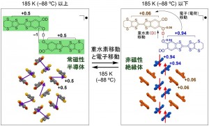 開発した純有機物質κ-D3(Cat-EDT-TTF)2は、左図の緑色で囲ったCat-EDT-TTF分子が (O???D???O) 水素結合でつながれたユニット構造から構成されている。185K （?88℃）で (O???D???O) 水素結合部における重水素（D）が移動し、これに連動してCat-EDT-TTF 分子間での電子移動が起きることで、2個のCat-EDT-TTF 分子上の電荷のバランスが変化し、結果として電気伝導性（半導体⇔絶縁体）と磁性（常磁性⇔非磁性）が切り替わる。