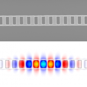 An electron micrograph of a specially-designed photonic crystal cavity (top) and a computer simulation of optical field distribution (bottom). Unconventional modulation of hole periodicity allows for intense fields in the air holes. (c) 2014 Yuichiro Kato.