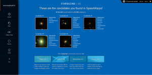 Figure 4: The Space Warps website. Participants can see the gravitational lenses that the project has found, and the names of the people who found them. Involving people in actual research helps in understanding  the mysteries of the Universe, giving people the satisfaction of making a contribution to science and building interest in science among young people. (c) 2014 Space Warps.