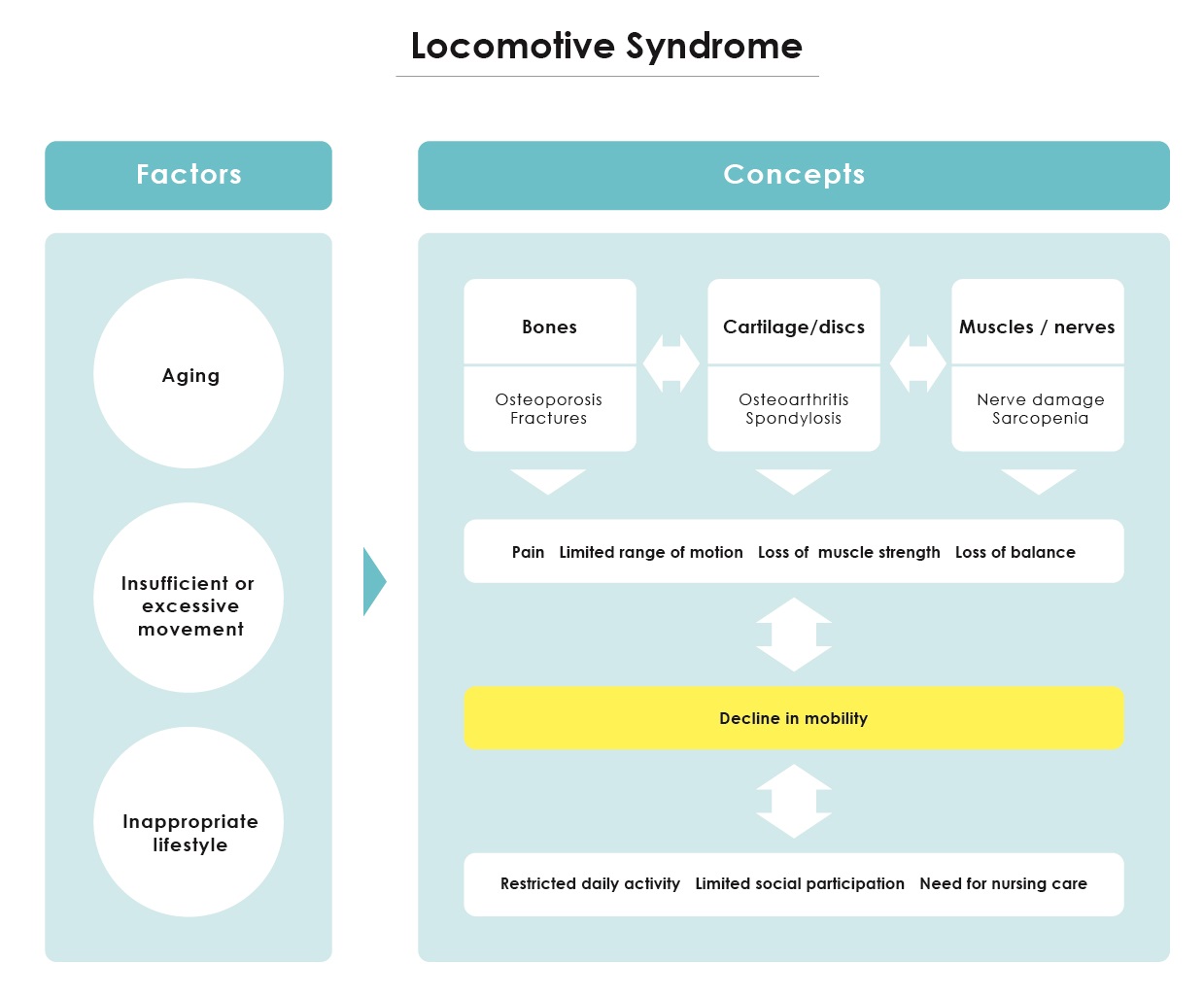 Figure 1. Conceptual overview of locomotive syndrome. Adapted from Locomotive syndrome. Locomotive syndrome pamphlet 2013, edited by Locomotive Challenge! Council, Japanese Orthopaedic Association, Tokyo, 2013. Figure 1. Conceptual overview of locomotive syndrome. Adapted from Locomotive syndrome. Locomotive syndrome pamphlet 2013, edited by Locomotive Challenge! Council, Japanese Orthopaedic Association, Tokyo, 2013.