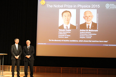 Professor Kajita and Professor Arthur B. McDonald after finishing their Nobel Lectures at Stockholm University's Aula Magna 