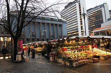 The Stockholm Concert Hall, the venue of the Nobel Prize Award Ceremony. The plaza in front of the Hall was bustling with a Christmas market before the day of the Ceremony