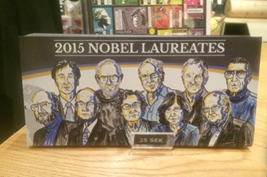 A postcard with the portraits of all the 2015 Nobel Laureates