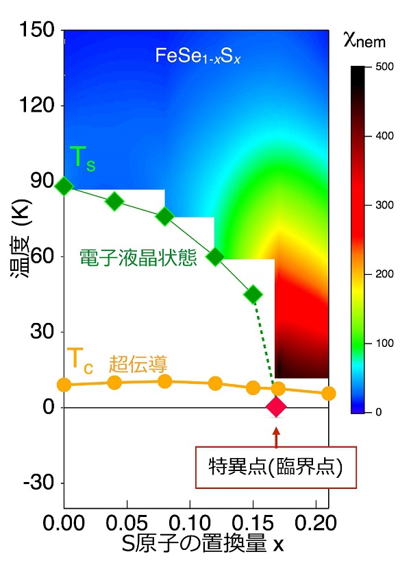 鉄系超伝導体における電子液晶状態とその特異点 © 2016 細井 優図中の四角印◆は電子が液晶のように振る舞い始める温度、丸印●が超伝導を示す温度を表す。セレン化鉄のセレンの一部を硫黄原子に置換していくと液晶状態になる温度は低くなり、およそ17パーセント置換すると完全に消える。図中のカラーグラデーションは電子が液晶になろうとする強さの指標(χnem)に対応しており、液晶状態が消えるあたりで特異的に増大する振る舞いが見られる。この振る舞いは図中の矢印で示されるように非磁性の電子液晶状態における特異点が存在することを示唆している。