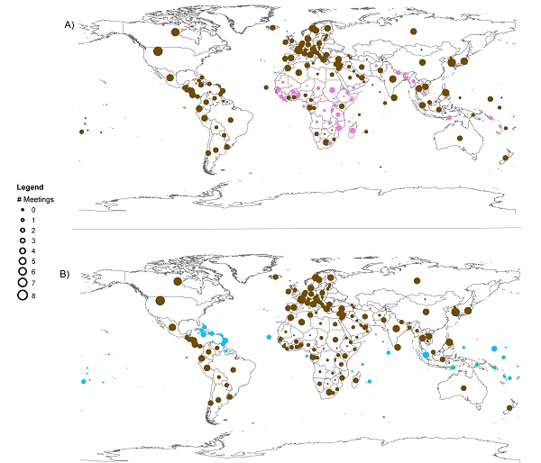 Imbalanced participation in meetings on marine biodiversity in areas beyond national jurisdiction Size of dots corresponds to the number of recent meetings on BBNJ attended by government representatives, ranging from 0 (smallest dots) to 8 (largest dots). Least developed countries are pink, small island developing states are light blue, and all other countries are brown.
Credit: CC-BY Blasiak et al. 2016.