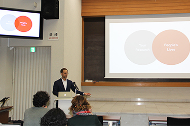 Mr. Powell using a Venn diagram to show how to find common ground between your research and people's lives