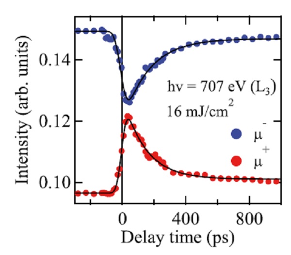 Time evolutions of magnetization observed by time-resolved x-ray magnetic circular dichroism © 2017 Hiroki Wadati.The difference between the blue and the red illustrates x-ray magnetic circular dichroism, that is, magnetization. Demagnetization occurs about 50 picoseconds (50-trillionths of a second) after laser illumination. Magnetization recovery subsequently occurs with a relaxation timescale of about 400 picoseconds. (Unit of horizontal axis: picosecond, or one-trillionth of a second)