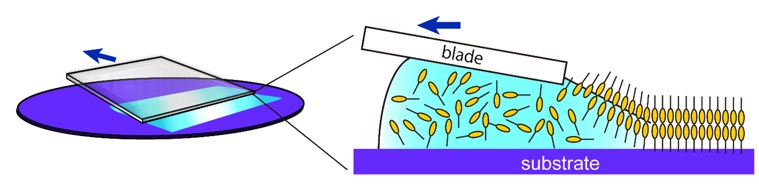 Artist's representation of the blade coating solution process to produce single molecular bilayer thin film transistors：Liquid molecules are spread by a blade over the production surface at room temperature and standard air pressure in a technique called solution processing. As the liquid dries, the inter-molecular forces cause the molecules to automatically arrange themselves into geometrically frustrated single bilayers just 4.4 nanometers thick. © 2018 Shunto Arai and Tatsuo Hasegawa.