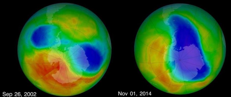 American space agency NASA false-color satellite images of Earth showing areas of low ozone concentration in blue color