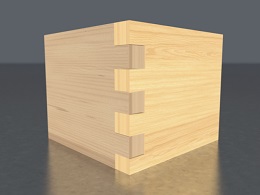 Image of a light-colored wooden showing the corners bound together with traditional Japanese hozo design
