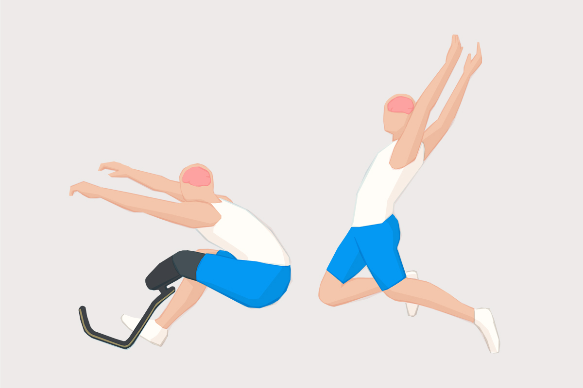 Cartoon image showing two human figures, one with a prosthetic leg, in the middle of a long jump. 