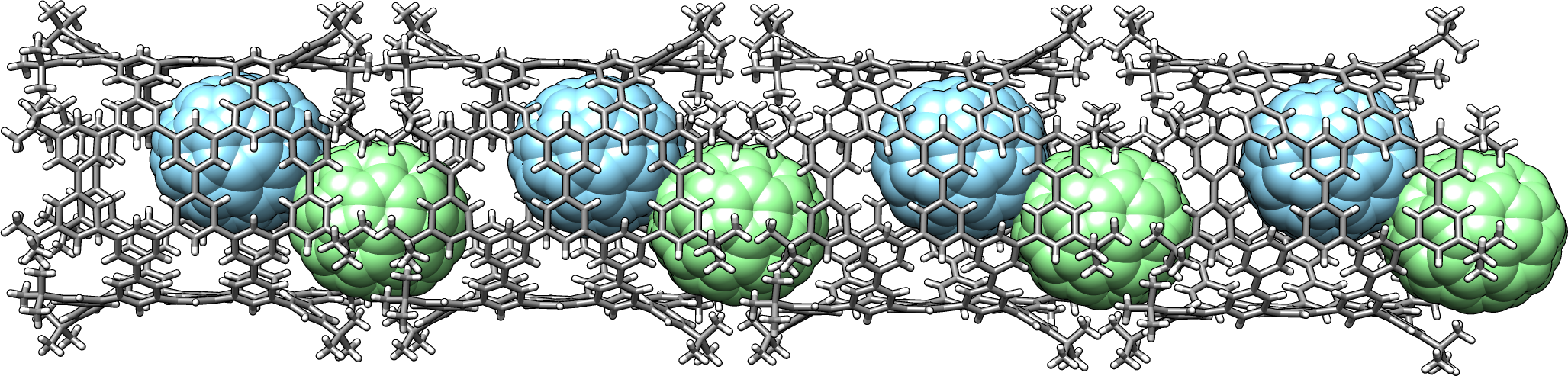 Green and blue balls held inside a long mesh cylinder