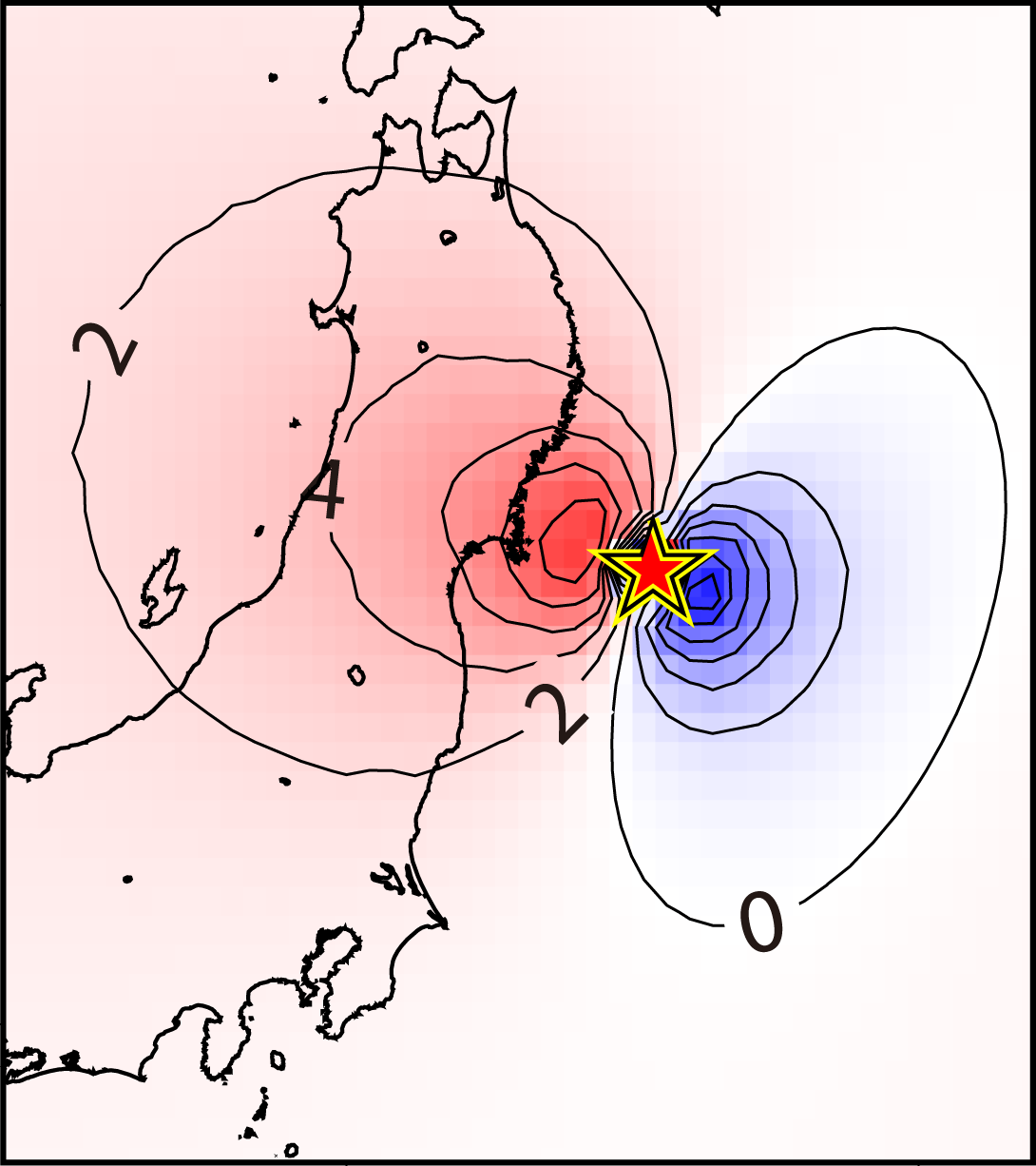 A map of japan with areas of blue and red either side of the earthquakes epicentre