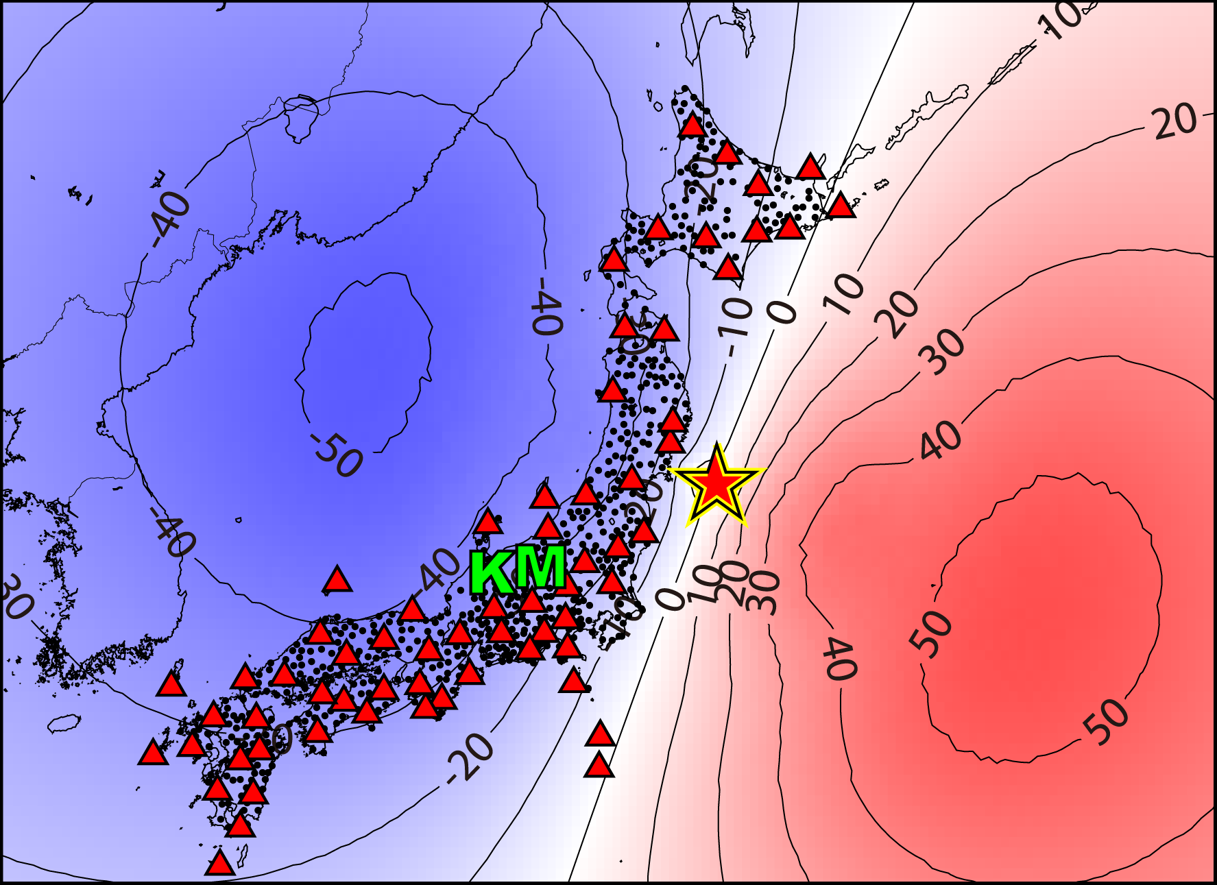 A map of Japan covered in triangles and dots with the letters K and M on it and a star over the earthquakes epicentre