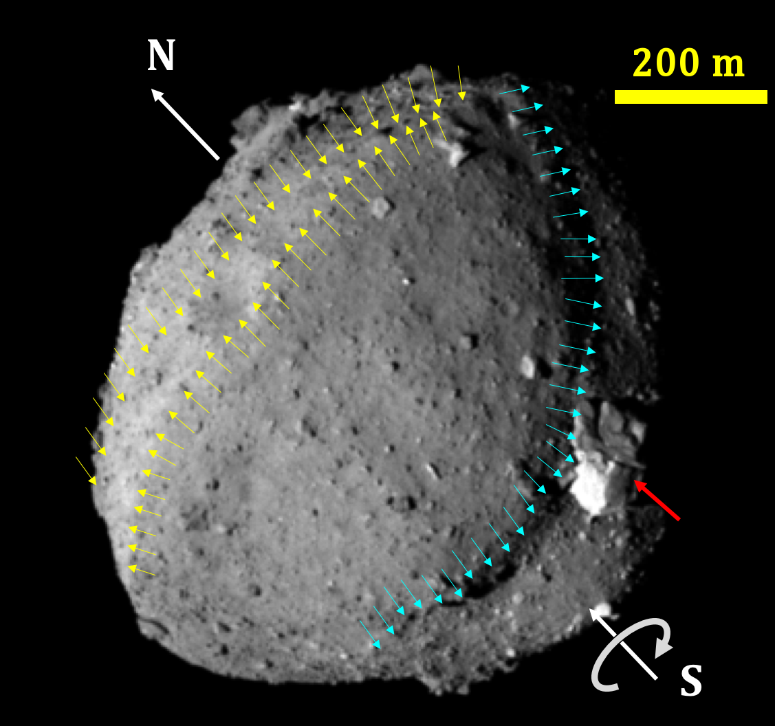 A rough grey orb on a black background, some colored lines indicate scale