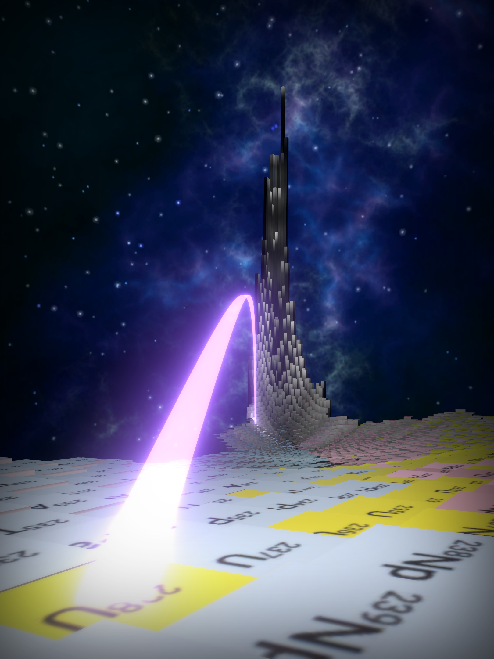 A dark tower in a landscape of tiles with a purple ray eminating from it