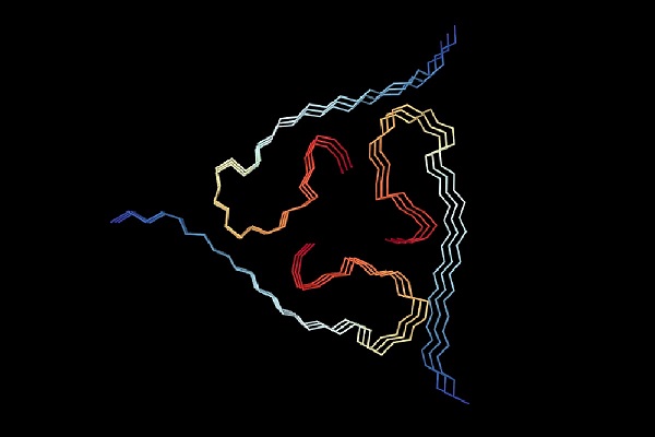 A colorful stick-figure model of the protein isolated from a human brain with Alzehimer's disease on a black background.