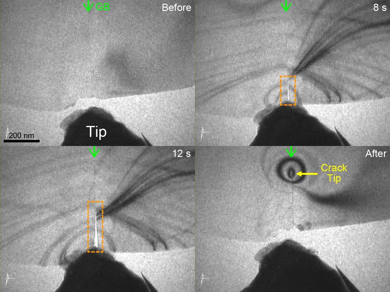 Four black and white images from a microscope. Each shows a different stage of the material shown fracturing.