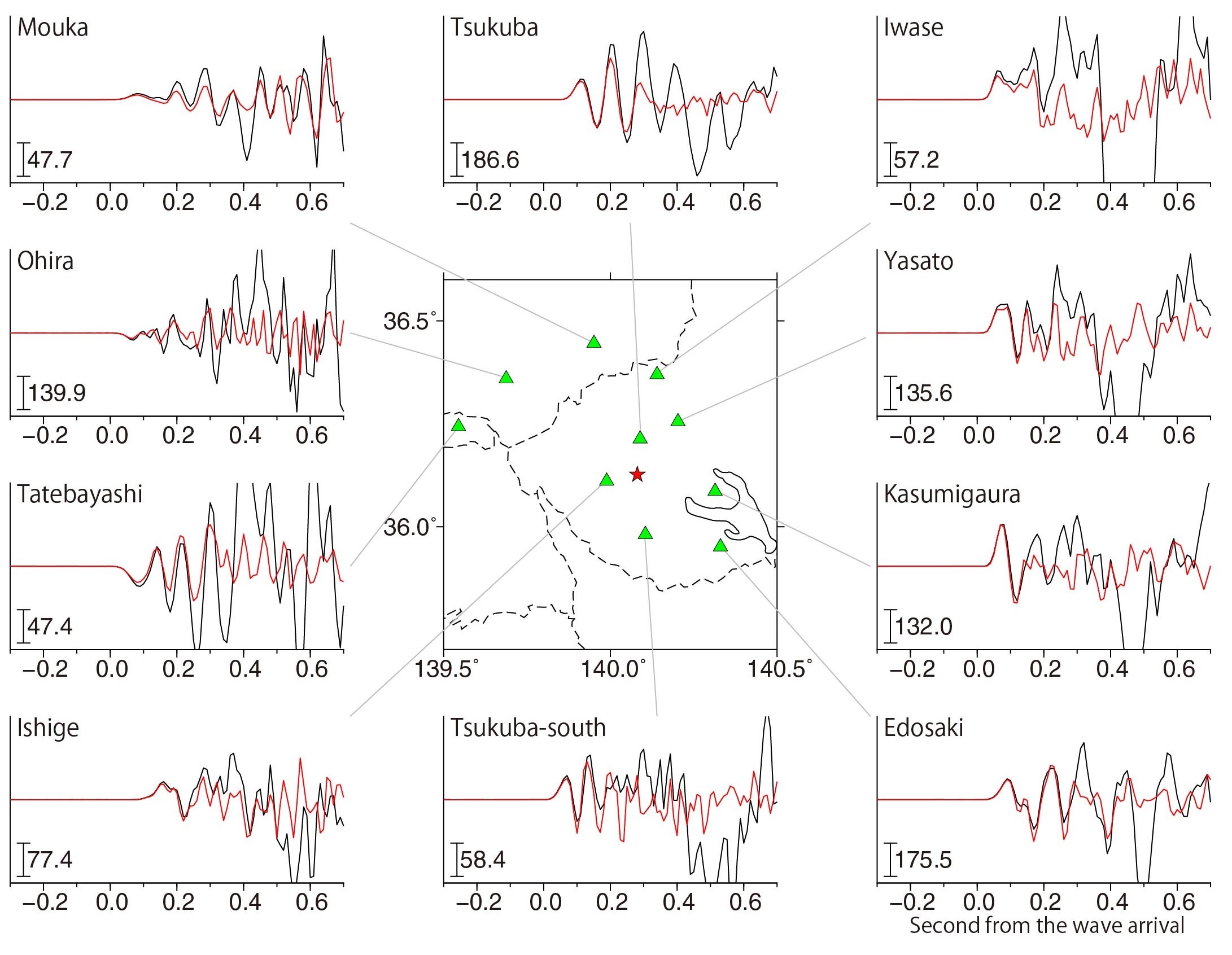 A line map of the area around Tsukuba (center), ten charts with similar patterns of black and red lines (surround).