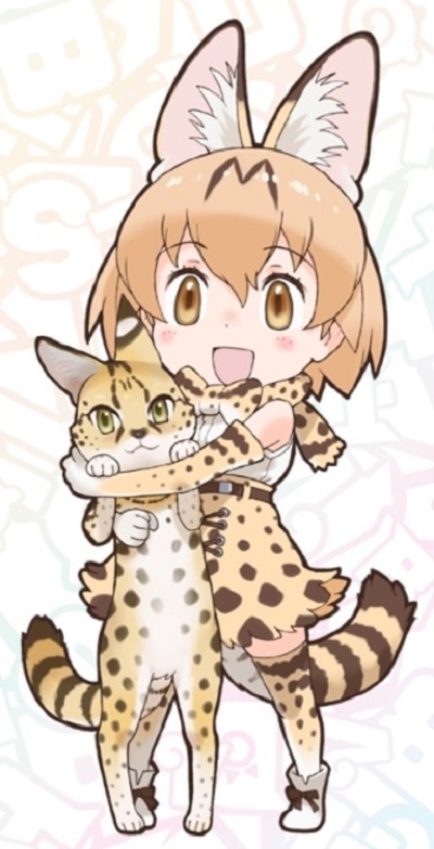 An anime drawing of a woman dressed in a serval cat costume holding a serval cat.