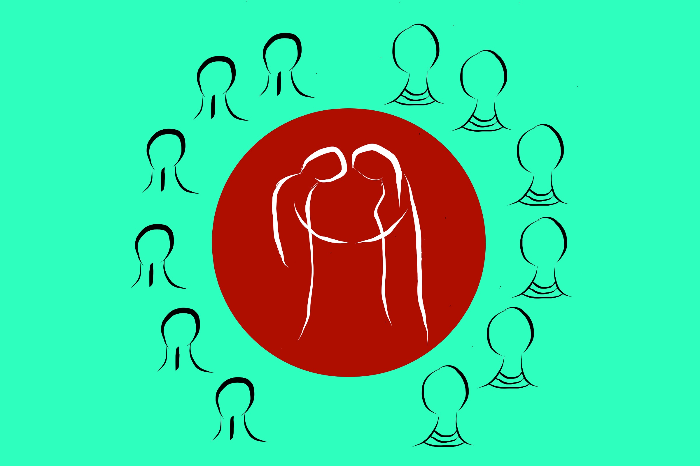 Two human figures in a red circle surrounded by two different groups of other human figures distinguished by line patterns on their necks on a green background.