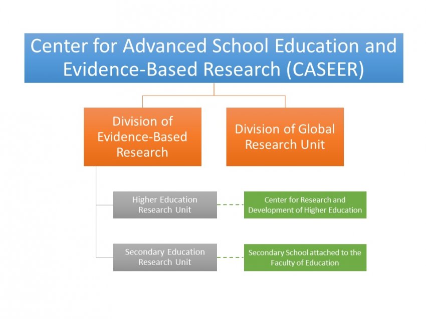 An organization chart of the Center for Advanced School Education and Evidence-Based Research (CASEER)