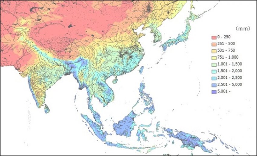 Seasonal rainfall and hydrosphere in AsiaLand：Natural Earth (http://www.naturalearthdata.com/)Rainfall：WorldClim (http://www.worldclim.org/)Hydrosphere：Esri, DeLorme Publishing Company, World Water Bodies, and WorldLinear Water (https://www.arcgis.com/(Japanese)