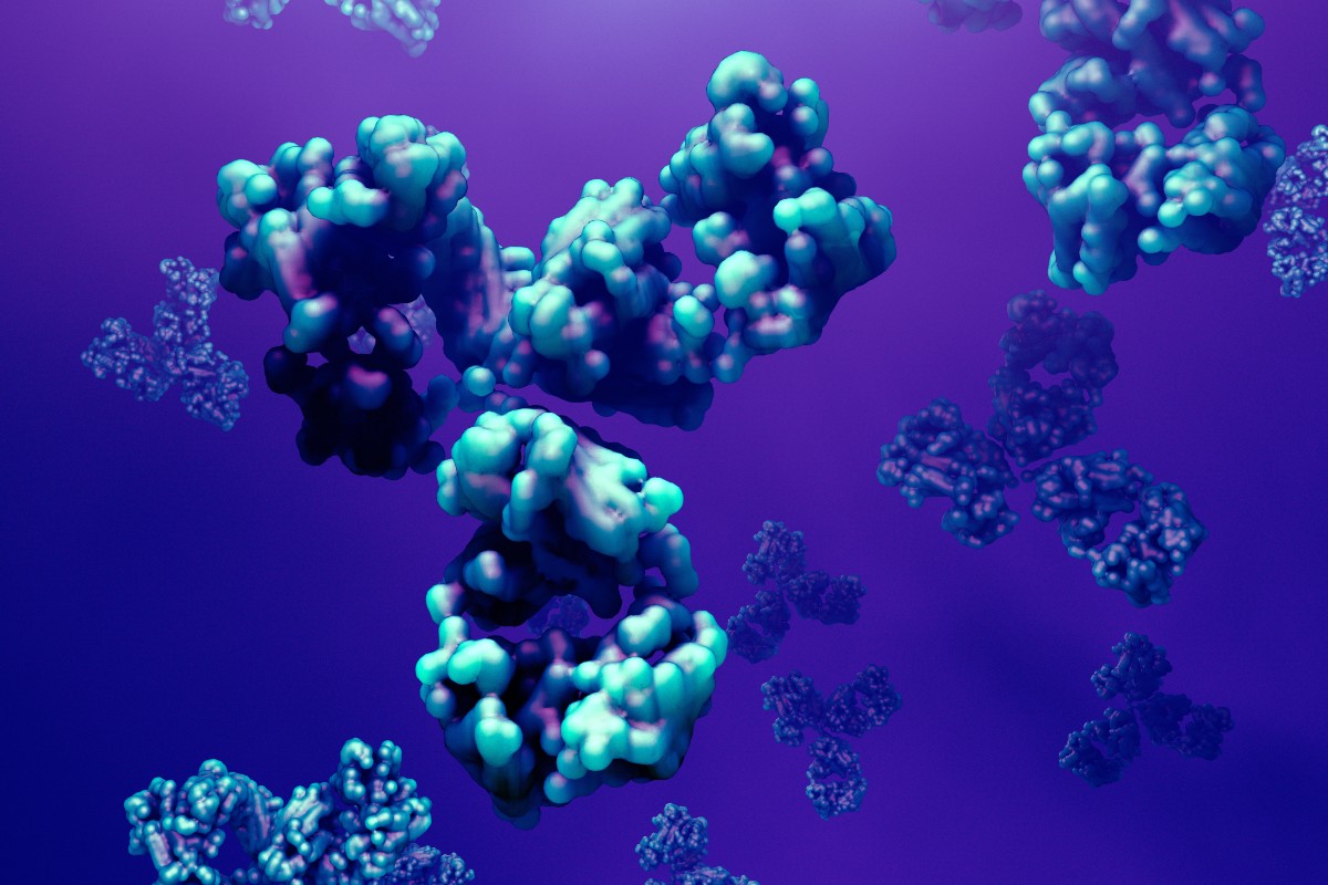 A pale blue antibody floats on a purplish background filled with smaller antibodies in the background.